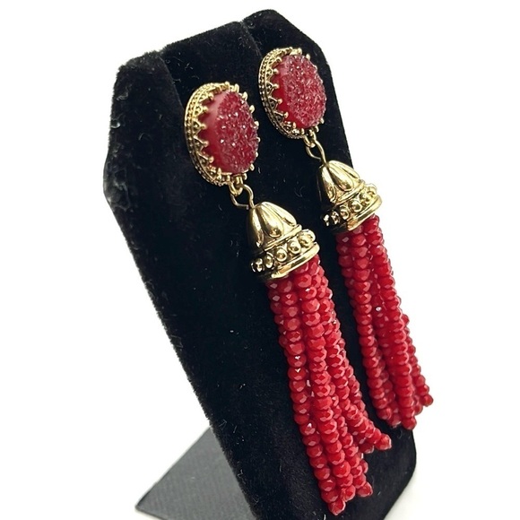 Red Drusey Gold Tone Earrings with Sparkling Long Beaded Tassels Rich Red Color - Picture 2 of 9